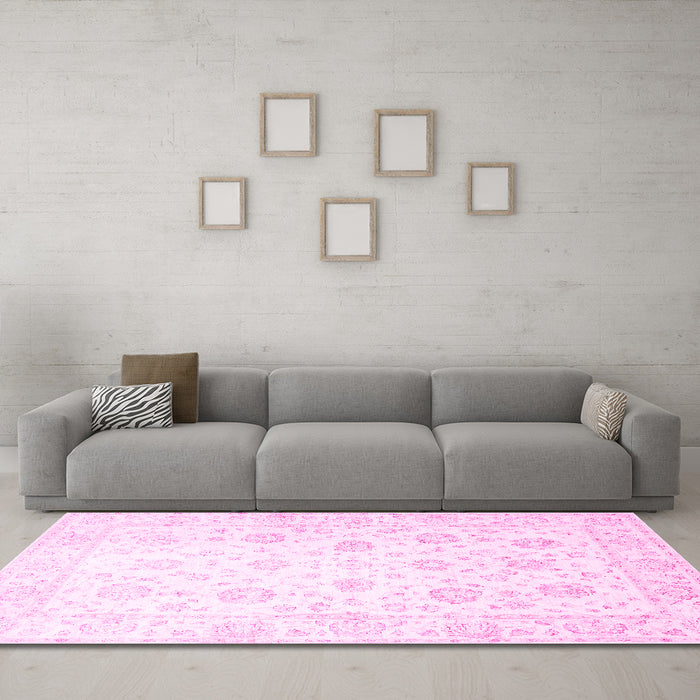 Machine Washable Oriental Pink Traditional Rug in a Living Room, wshtr842pnk
