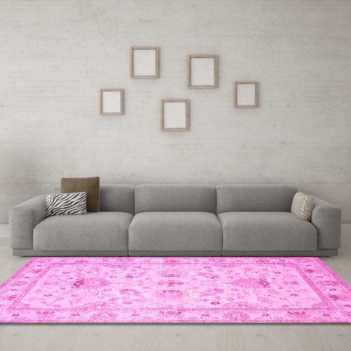 Machine Washable Oriental Pink Traditional Rug in a Living Room, wshtr845pnk