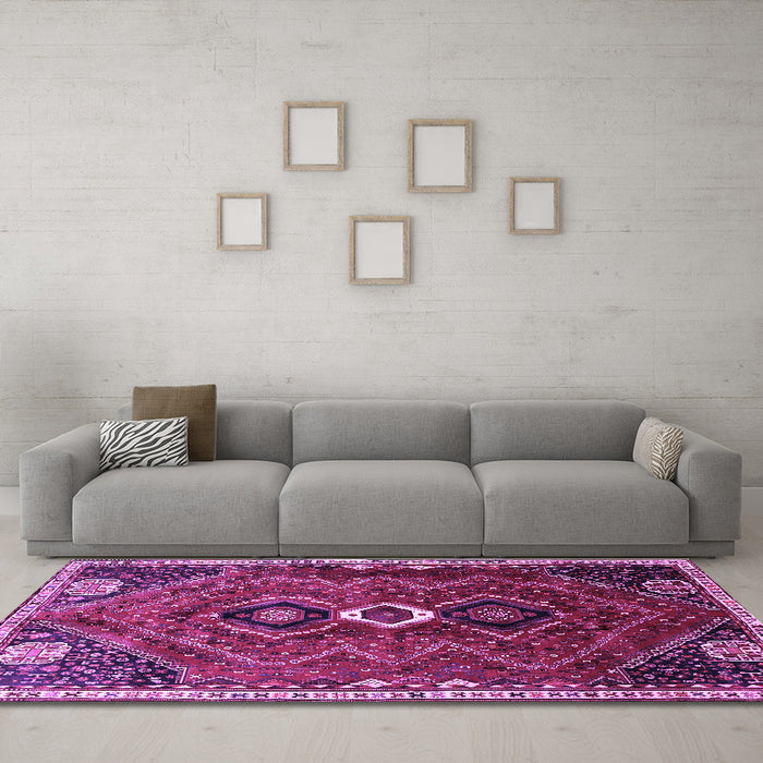 Machine Washable Persian Purple Traditional Area Rugs in a Living Room, wshtr849pur