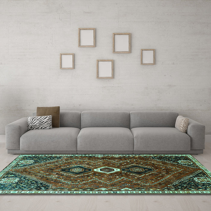Machine Washable Persian Turquoise Traditional Area Rugs in a Living Room,, wshtr849turq