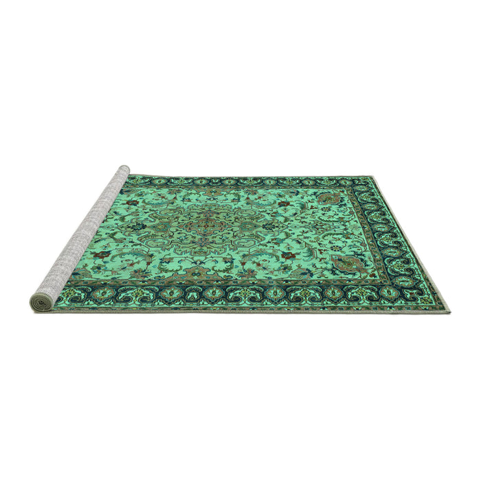 Sideview of Machine Washable Persian Turquoise Traditional Area Rugs, wshtr84turq