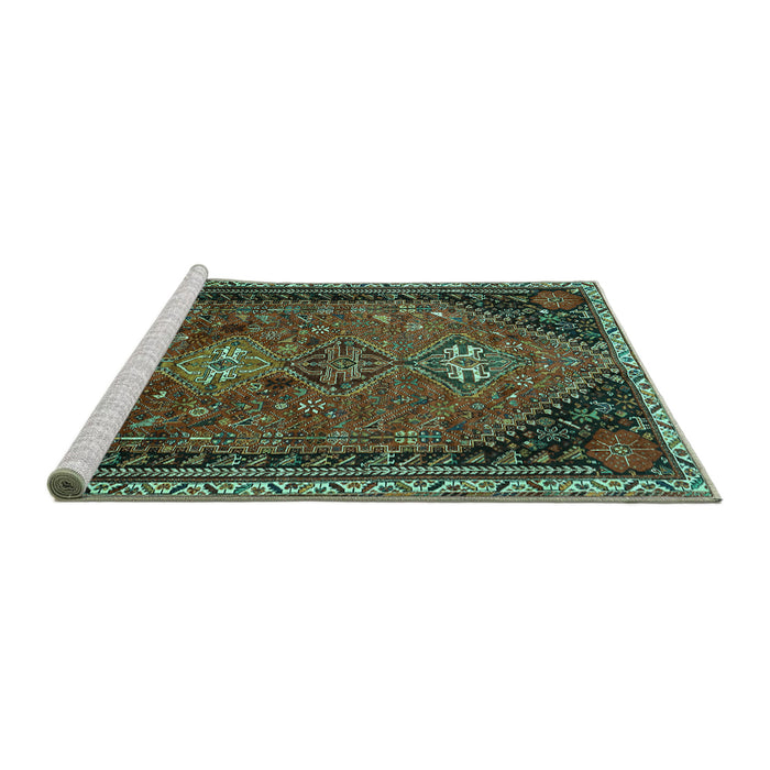 Sideview of Machine Washable Persian Turquoise Traditional Area Rugs, wshtr850turq