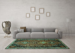 Machine Washable Persian Turquoise Traditional Area Rugs in a Living Room,, wshtr850turq