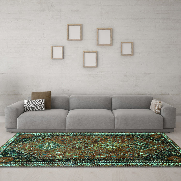 Machine Washable Persian Turquoise Traditional Area Rugs in a Living Room,, wshtr850turq