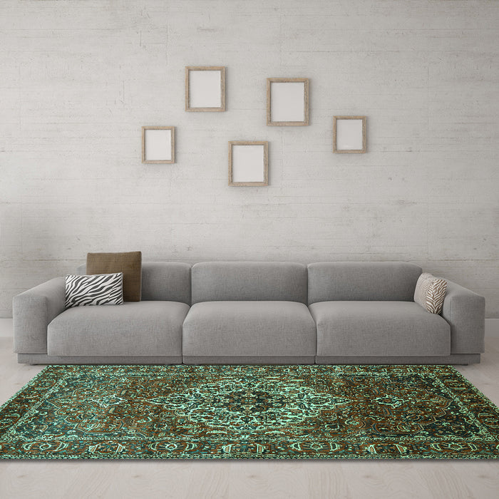 Machine Washable Persian Turquoise Traditional Area Rugs in a Living Room,, wshtr852turq