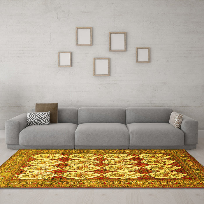 Machine Washable Persian Yellow Traditional Rug in a Living Room, wshtr853yw