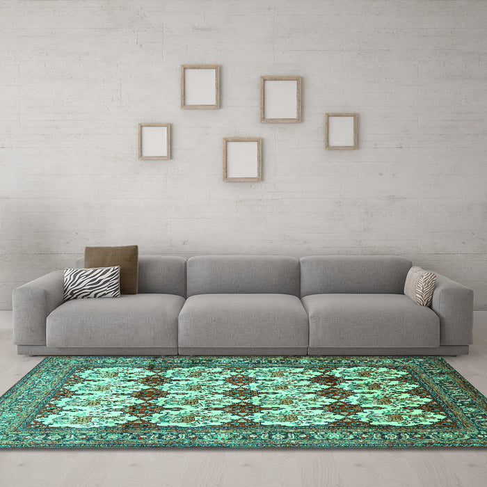 Machine Washable Persian Turquoise Traditional Area Rugs in a Living Room,, wshtr853turq