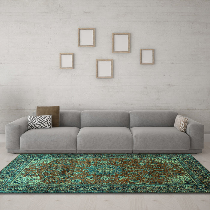 Machine Washable Persian Turquoise Traditional Area Rugs in a Living Room,, wshtr854turq