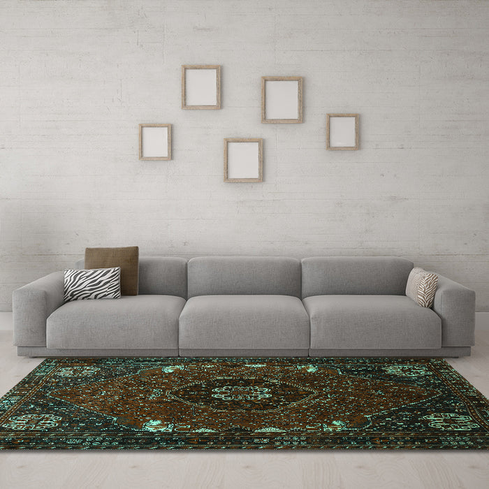 Machine Washable Persian Turquoise Traditional Area Rugs in a Living Room,, wshtr855turq