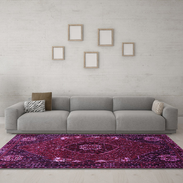 Machine Washable Persian Purple Traditional Area Rugs in a Living Room, wshtr855pur