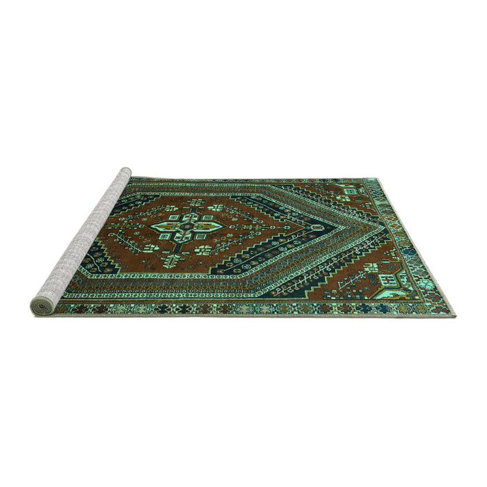Sideview of Machine Washable Persian Turquoise Traditional Area Rugs, wshtr856turq