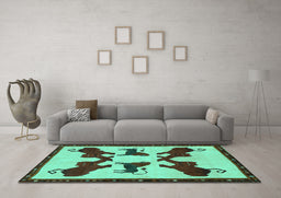 Machine Washable Animal Turquoise Traditional Area Rugs in a Living Room,, wshtr857turq