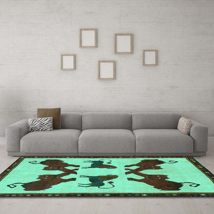 Machine Washable Animal Turquoise Traditional Area Rugs in a Living Room,, wshtr857turq