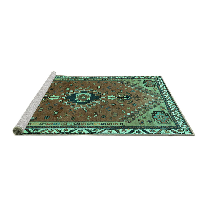 Sideview of Machine Washable Persian Turquoise Traditional Area Rugs, wshtr858turq