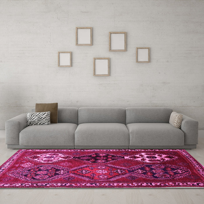 Machine Washable Persian Pink Traditional Rug in a Living Room, wshtr859pnk