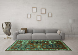 Machine Washable Persian Turquoise Traditional Area Rugs in a Living Room,, wshtr859turq