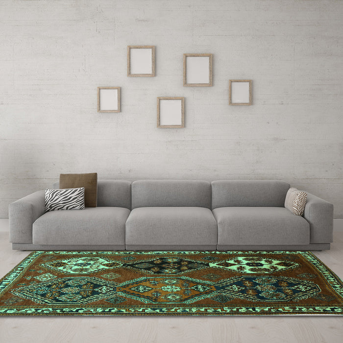 Machine Washable Persian Turquoise Traditional Area Rugs in a Living Room,, wshtr859turq