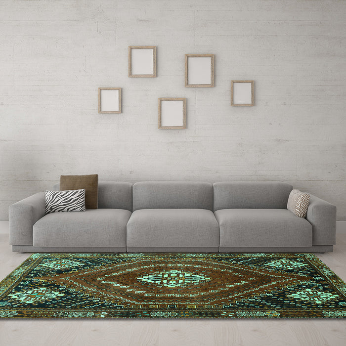 Machine Washable Persian Turquoise Traditional Area Rugs in a Living Room,, wshtr862turq