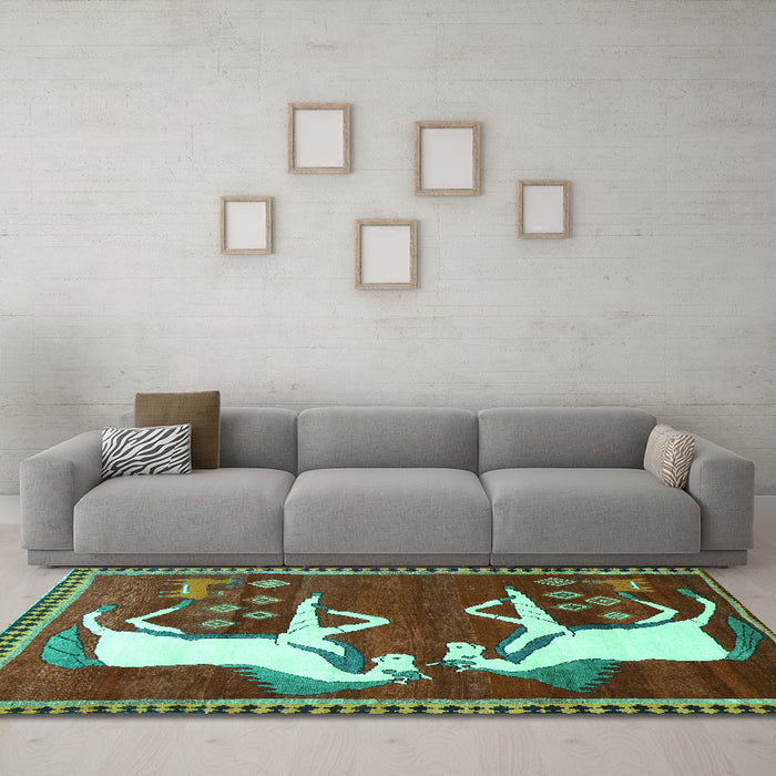Machine Washable Animal Turquoise Traditional Area Rugs in a Living Room,, wshtr863turq