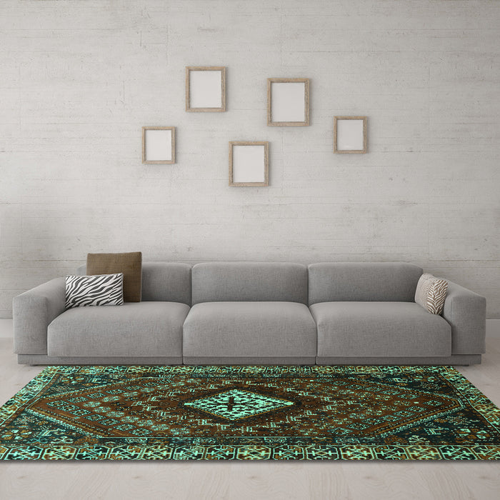 Machine Washable Persian Turquoise Traditional Area Rugs in a Living Room,, wshtr865turq