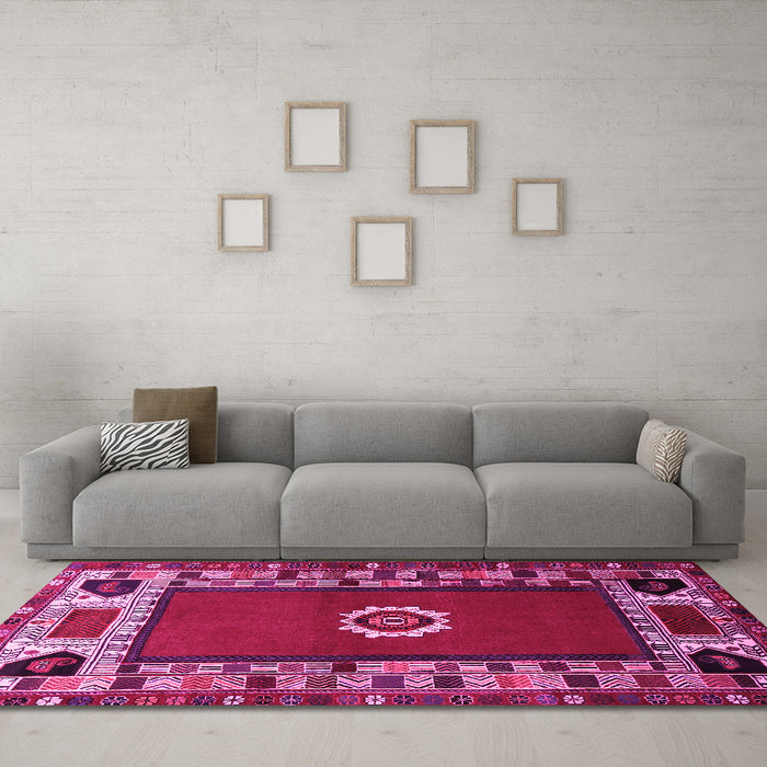 Machine Washable Persian Pink Traditional Rug in a Living Room, wshtr866pnk