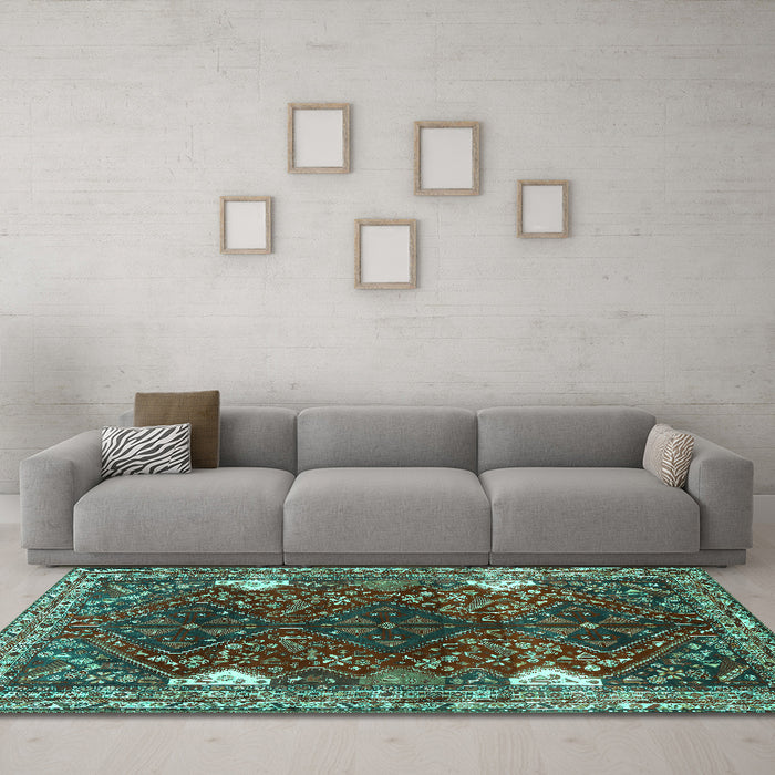 Machine Washable Persian Turquoise Traditional Area Rugs in a Living Room,, wshtr867turq
