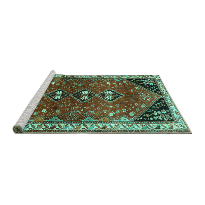 Sideview of Machine Washable Persian Turquoise Traditional Area Rugs, wshtr868turq