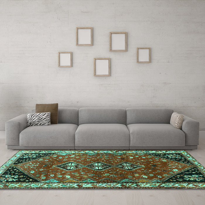 Machine Washable Persian Turquoise Traditional Area Rugs in a Living Room,, wshtr868turq