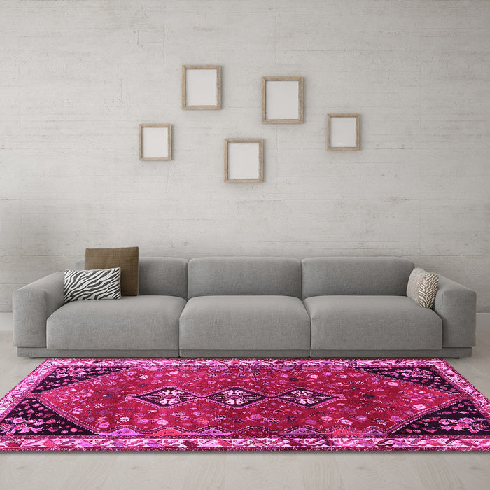 Machine Washable Persian Pink Traditional Rug in a Living Room, wshtr868pnk