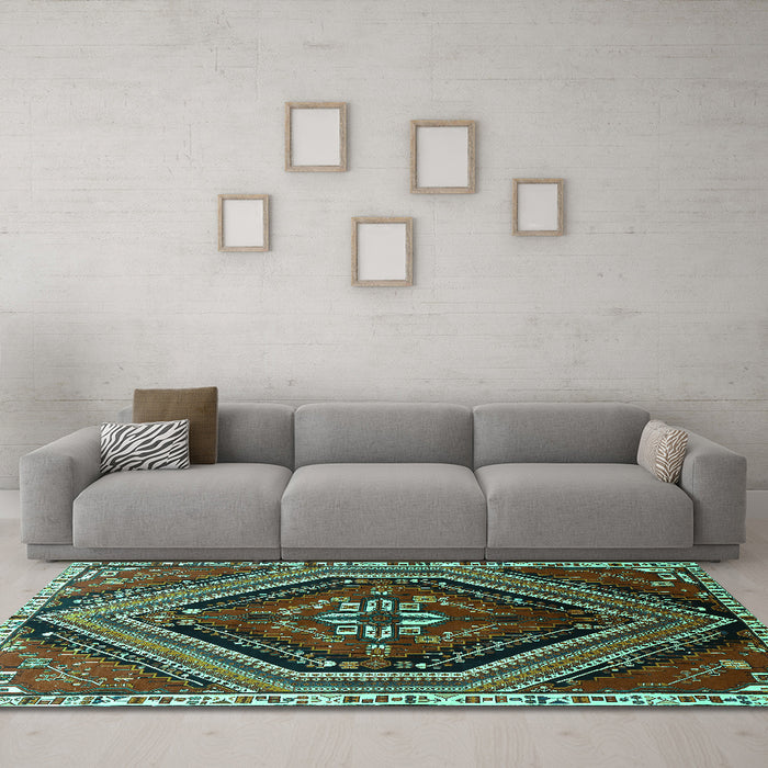 Machine Washable Persian Turquoise Traditional Area Rugs in a Living Room,, wshtr869turq
