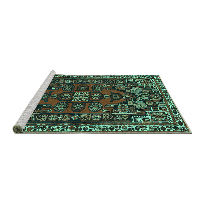 Sideview of Machine Washable Persian Turquoise Traditional Area Rugs, wshtr86turq