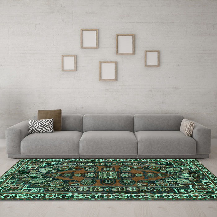 Machine Washable Persian Turquoise Traditional Area Rugs in a Living Room,, wshtr86turq
