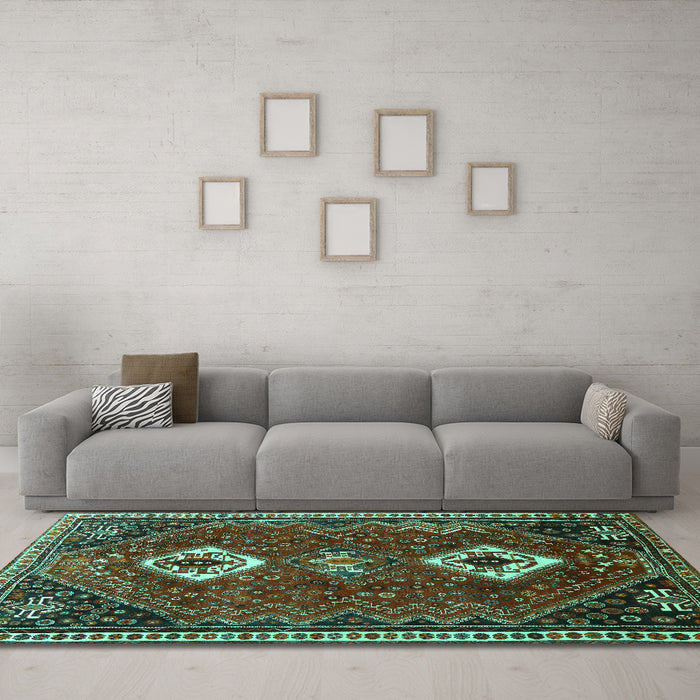 Machine Washable Persian Turquoise Traditional Area Rugs in a Living Room,, wshtr870turq