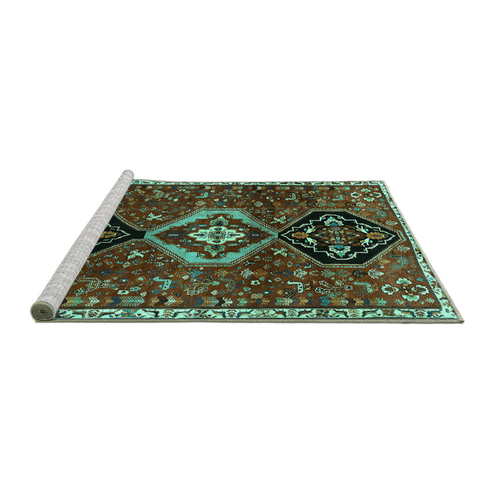 Sideview of Machine Washable Persian Turquoise Traditional Area Rugs, wshtr871turq