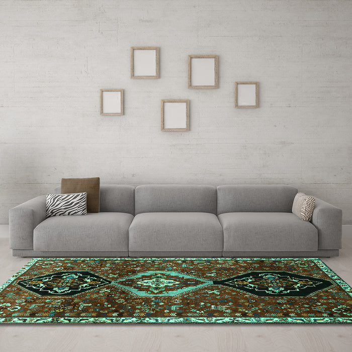 Machine Washable Persian Turquoise Traditional Area Rugs in a Living Room,, wshtr871turq