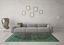 Machine Washable Persian Turquoise Traditional Area Rugs in a Living Room,, wshtr872turq