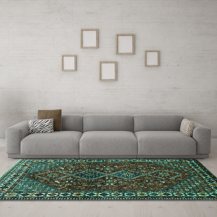 Machine Washable Persian Turquoise Traditional Area Rugs in a Living Room,, wshtr872turq