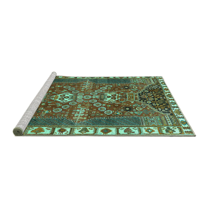 Sideview of Machine Washable Persian Turquoise Traditional Area Rugs, wshtr876turq