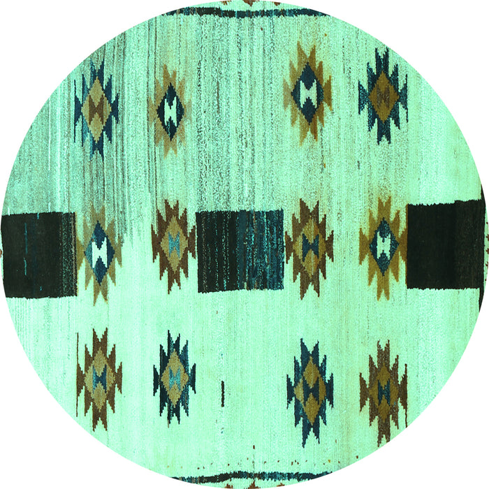Round Machine Washable Southwestern Turquoise Country Area Rugs, wshtr877turq