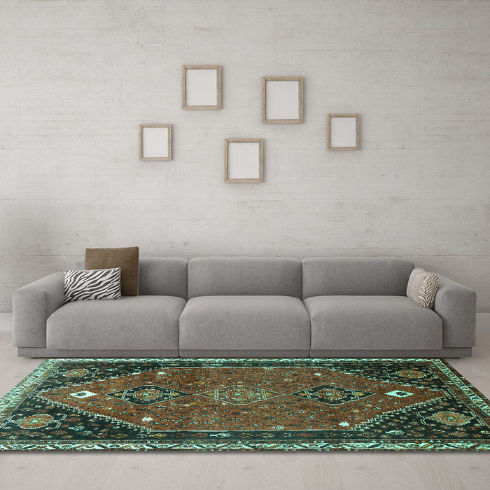 Machine Washable Persian Turquoise Traditional Area Rugs in a Living Room,, wshtr878turq
