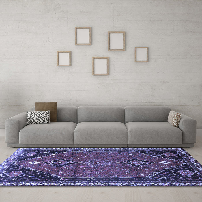 Machine Washable Persian Blue Traditional Rug in a Living Room, wshtr878blu