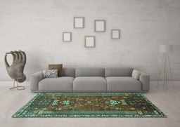 Machine Washable Persian Turquoise Traditional Area Rugs in a Living Room,, wshtr879turq