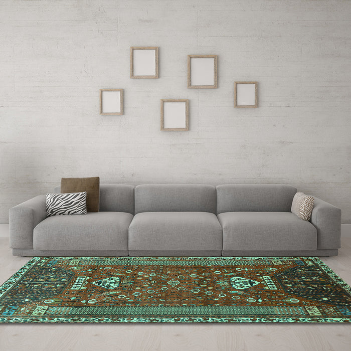 Machine Washable Persian Turquoise Traditional Area Rugs in a Living Room,, wshtr879turq