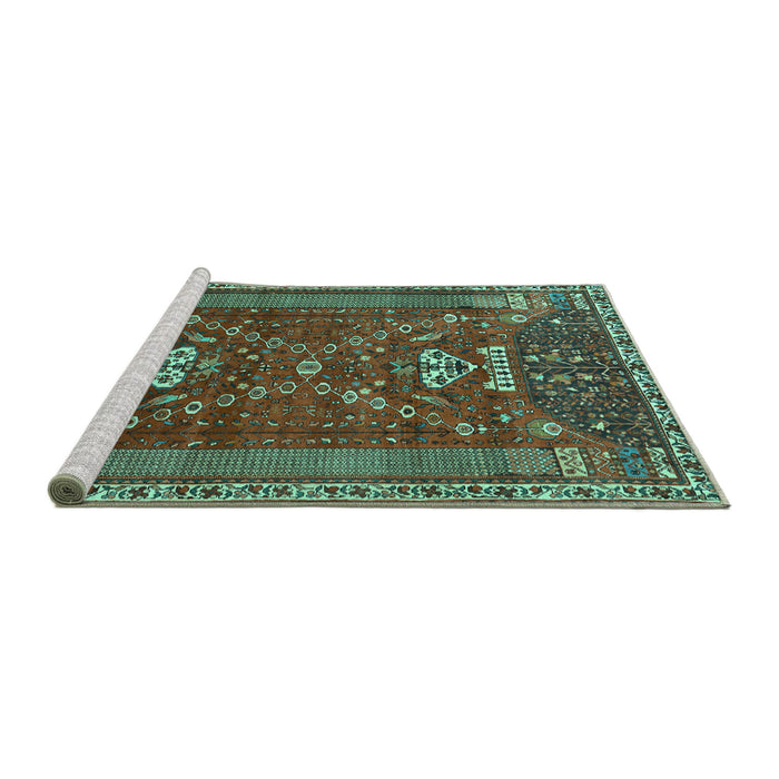 Sideview of Machine Washable Persian Turquoise Traditional Area Rugs, wshtr879turq