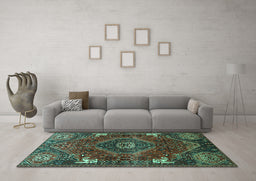 Machine Washable Persian Turquoise Traditional Area Rugs in a Living Room,, wshtr880turq