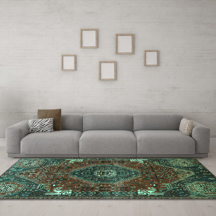 Machine Washable Persian Turquoise Traditional Area Rugs in a Living Room,, wshtr880turq