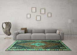 Machine Washable Persian Turquoise Traditional Area Rugs in a Living Room,, wshtr881turq