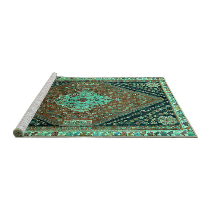 Sideview of Machine Washable Persian Turquoise Traditional Area Rugs, wshtr881turq