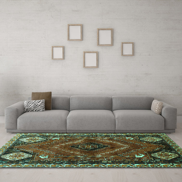 Machine Washable Persian Turquoise Traditional Area Rugs in a Living Room,, wshtr882turq