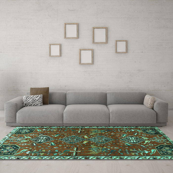 Machine Washable Persian Turquoise Traditional Area Rugs in a Living Room,, wshtr884turq